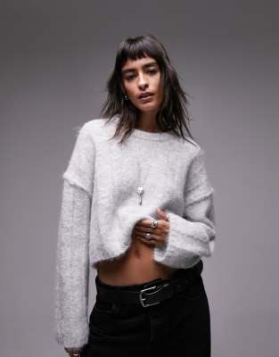 Topshop Knit Fluffy Cable Front Two Tone Sweater In Gray-white In Gray