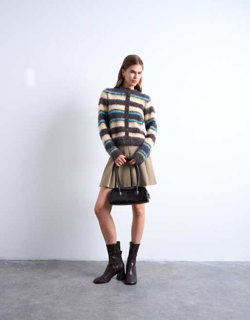 Topshop knit fluffy striped cardigan in multi, 2 of 4