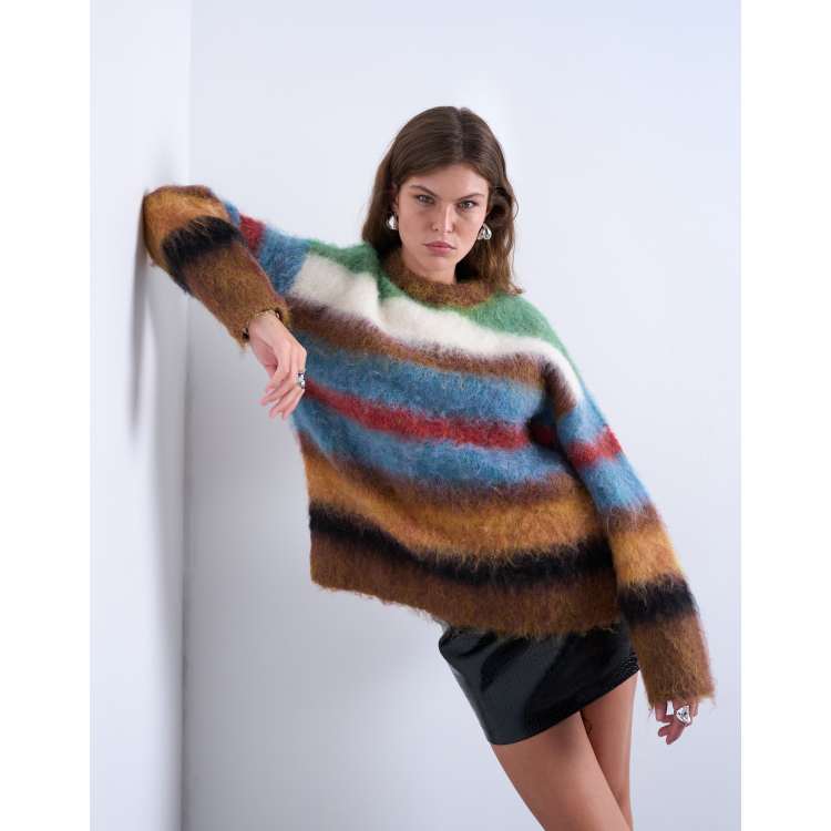 Topshop knit fluffy striped sweater in multi | ASOS