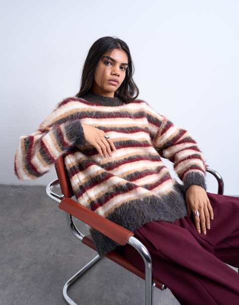 Topshop knit fluffy striped sweater in neutral and burgundy - view 1