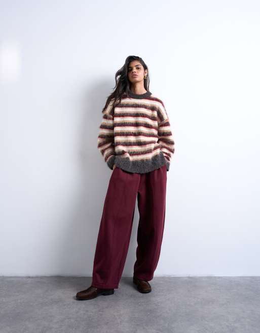 Topshop knit fluffy striped sweater in neutral and burgundy