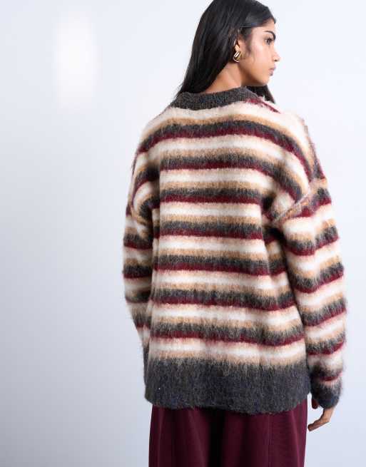 Topshop knit fluffy striped sweater in neutral and burgundy