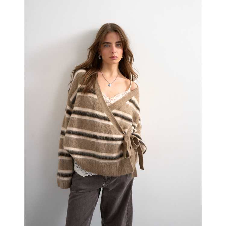 ニット/セーター fluffy tie tops Topshop knit fluffy striped wrap tie cardigan in neutral | ASOS
