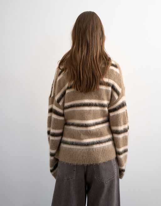 Topshop knit fluffy striped wrap tie cardigan in neutral, 4 of 4