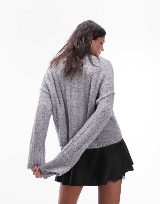 Topshop knit fluffy v-neck cardigan in gray