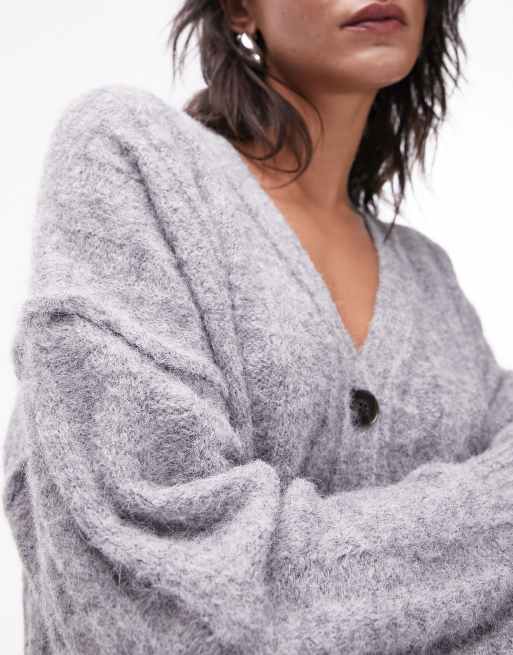 Topshop knit fluffy v-neck cardigan in gray | ASOS