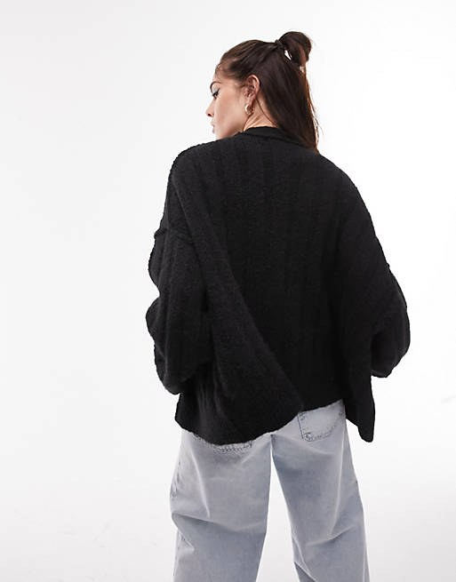 Topshop knit fluffy v-neck wide ribbed cardigan in black
