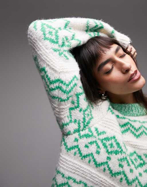 Topshop knit fluffy zig zag fairisle crew sweater in green | ASOS