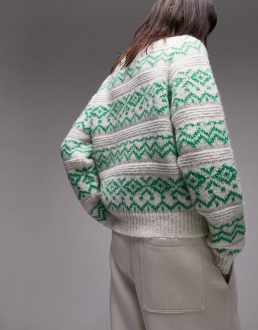 Topshop knit fluffy zig zag fairisle crew sweater in green | ASOS