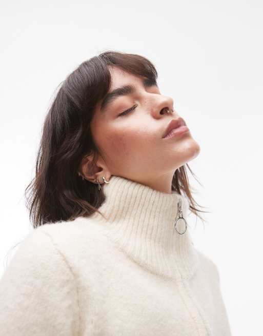 Topshop knit fluffy zip through cardigan in cream White