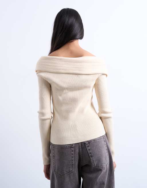Topshop knit foldover long sleeve top in ivory, 2 of 4