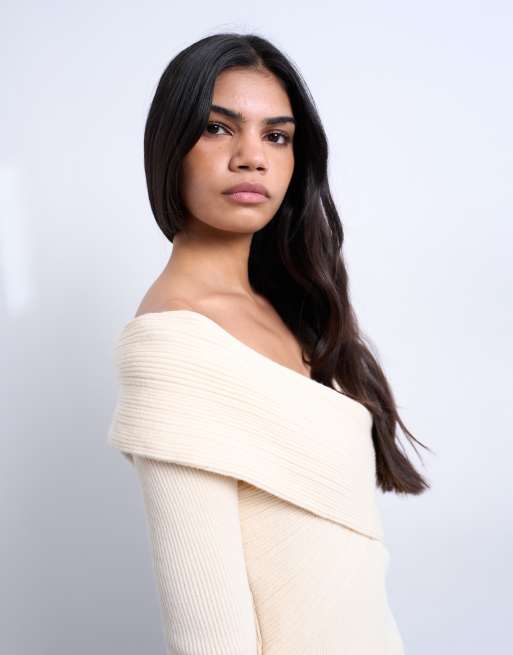 Topshop knit foldover long sleeve top in ivory, 4 of 4
