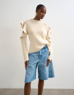 Topshop Knit Frill Sleeve Sweater In White