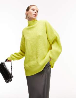 Shop Topshop Knit Funnel Neck Long Line Sweater In Lime-green