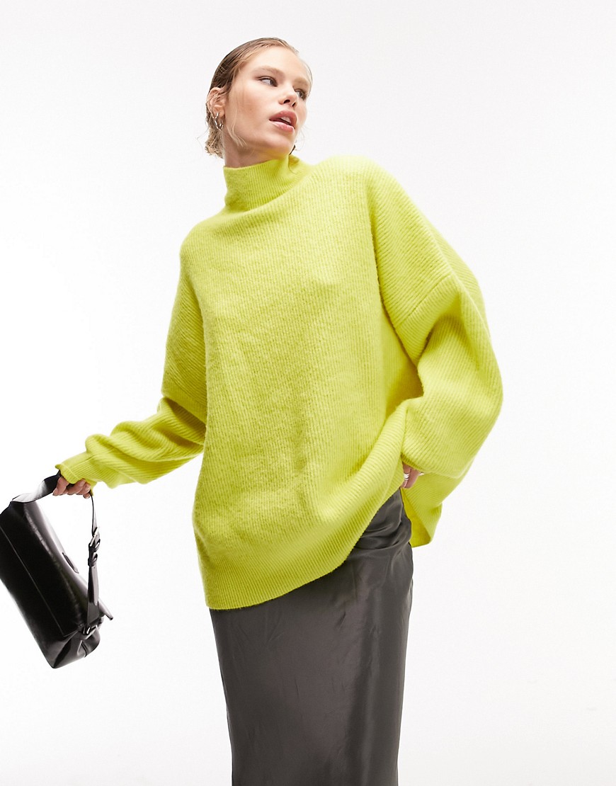 knit funnel neck long line sweater in lime-Green