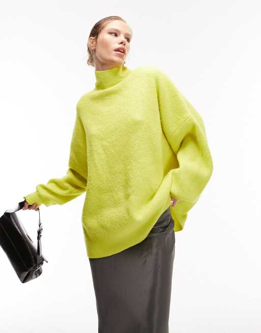 Topshop knit funnel neck long line sweater in lime | ASOS