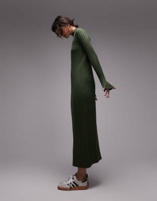 Topshop Knit Funnel Neck Variegated Rib Maxi Dress In Green