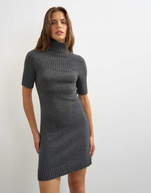 funnel neck knit dress Topshop yoke detailing mini in charcoal #baylee-woven-ballet-flats-creme-woven-stella