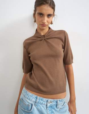 Topshop Knit Gathered Neck Detail Half Sleeve Top In Multi