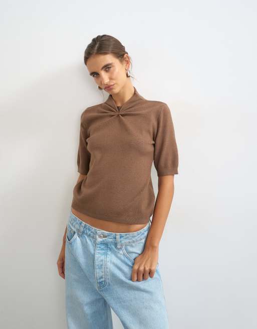 Topshop knit gathered neck detail half sleeve top in brown, 4 of 4