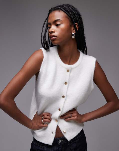 Topshop knit gold button tank in ivory - view 1