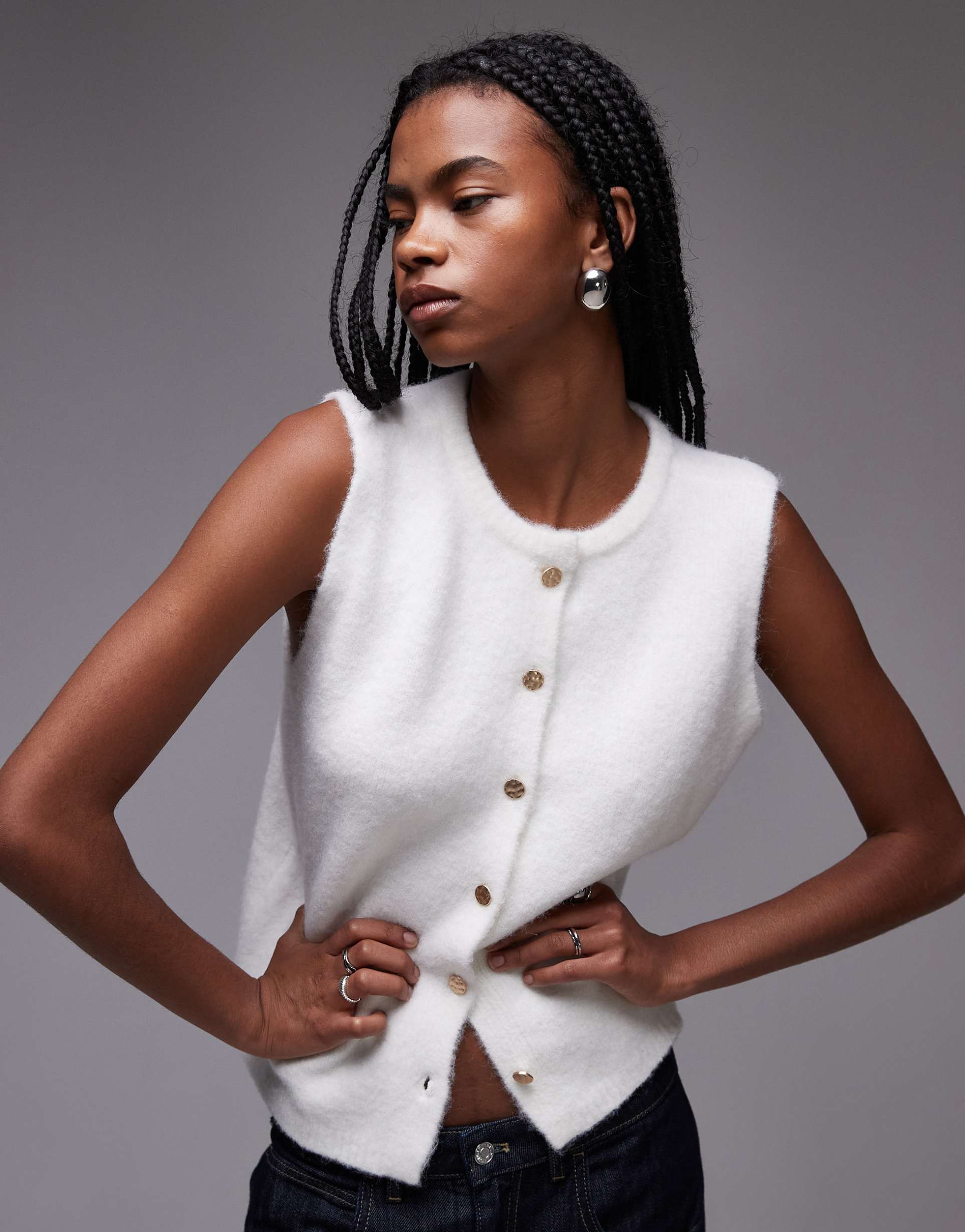 topshop knit gold button tank in ivory
