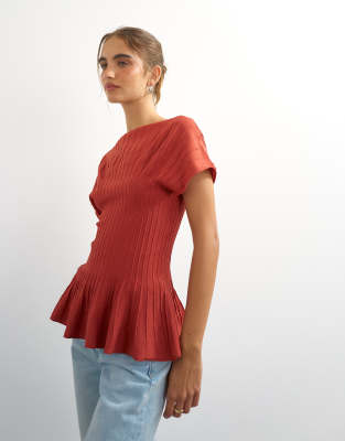 Topshop Knit Grown On Short Sleeve Peplum Top In Brown