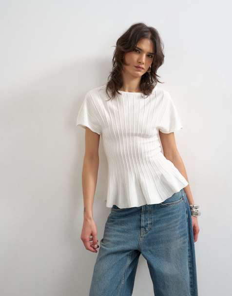 Topshop knit grown on short sleeve peplum top in ivory - view 1