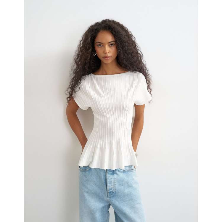 Topshop knit grown on short sleeve peplum top in ivory | ASOS