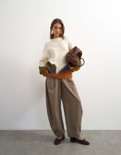 Topshop knit hairy abstract color block striped crew neck sweater in ivory multi