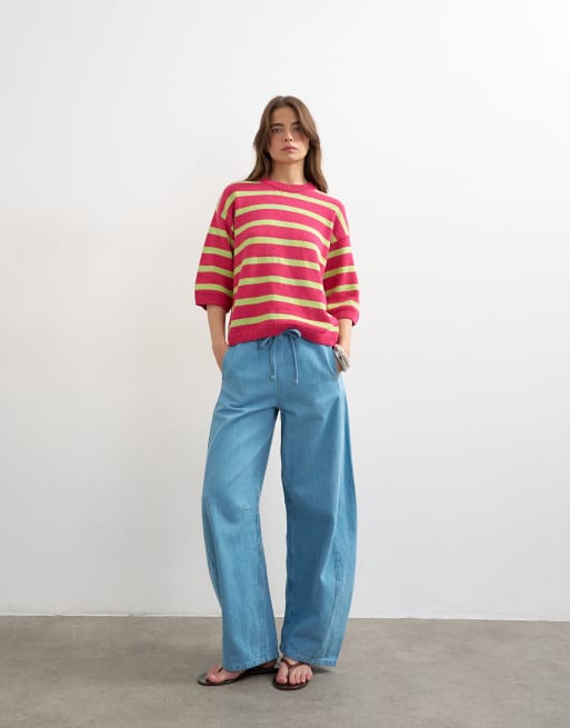 Topshop knit half sleeve relaxed fit T-shirt in pink and lime, 2 of 4