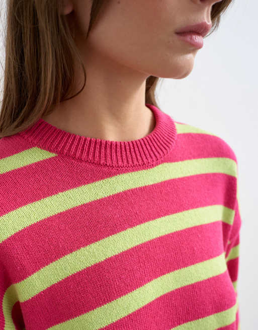 Topshop knit half sleeve relaxed fit T-shirt in pink and lime, 3 of 4