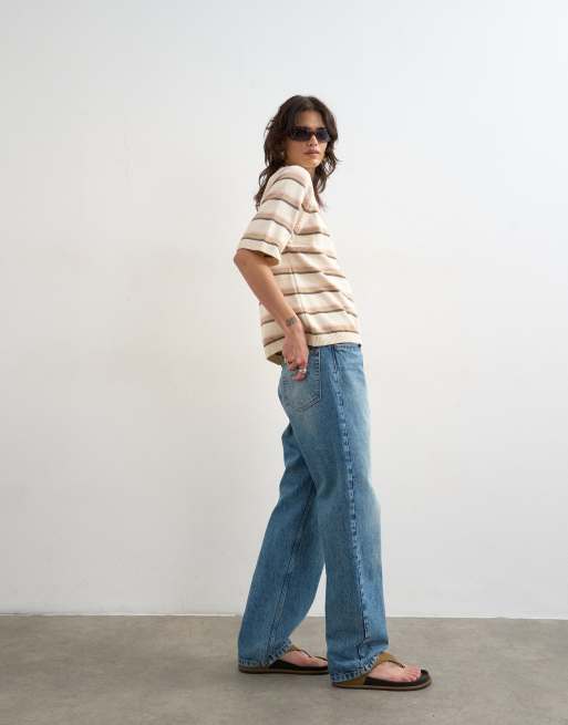 Topshop knit half sleeve T-shirt in neutral stripe, 2 of 4