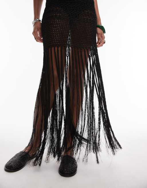 Topshop knitted halter tassel dress in black