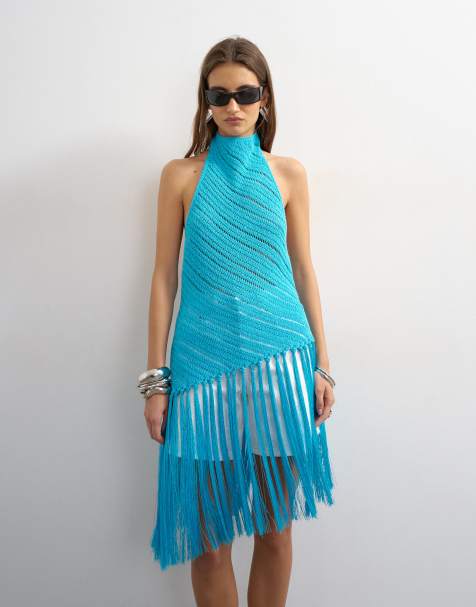 Topshop knit halterneck longline fringing tunic in blue - view 1