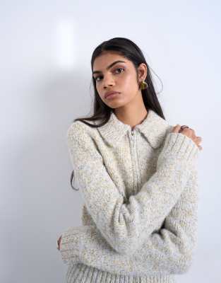 Topshop Knit Heavy Twist Yarn Collared Cardigan In Gray