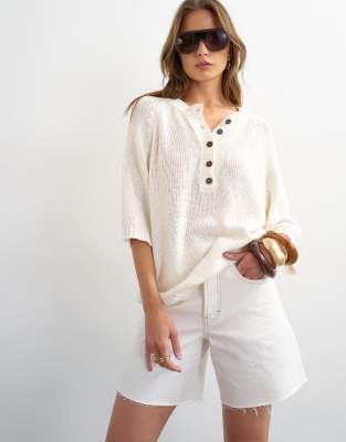 Topshop Knit Henley T-shirt In White