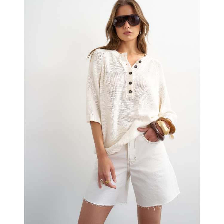 Topshop knit Henley T-shirt in ivory | ASOS
