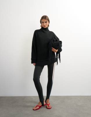 Topshop Knit High Neck Roll Seam Detail Oversized Sweater With Wool In Black