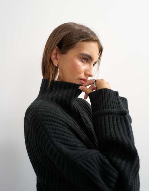 Topshop knit high neck roll seam detail oversized sweater with wool in black, 2 of 4