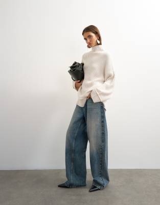 Topshop Knit High Neck Roll Seam Detail Oversized Sweater With Wool In White