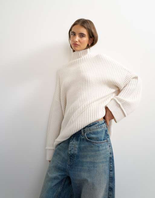 Topshop knit high neck roll seam detail oversized sweater with wool in ivory, 2 of 4
