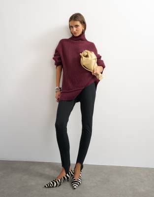 Topshop Knit High Neck Roll Seam Detail Oversized Sweater With Wool In Purple
