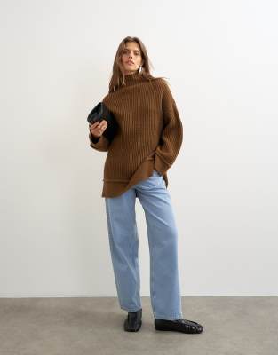 Topshop Knit High Neck Roll Seam Detail Oversized Sweater With Wool In Brown