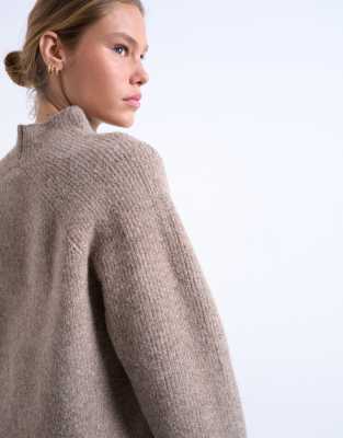 Topshop Knit High Neck Sweater In Brown