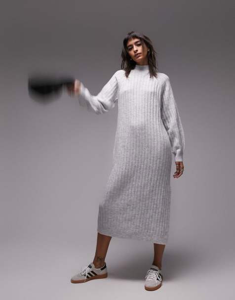 Topshop knit high neck wide rib midi dress in gray - view 1