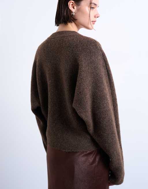 Topshop knit high-V horizontal stitch sweater in brown, 4 of 4
