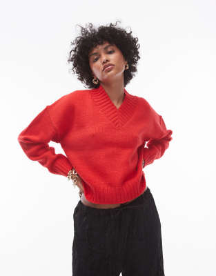 knit high V-neck clean sweater in red