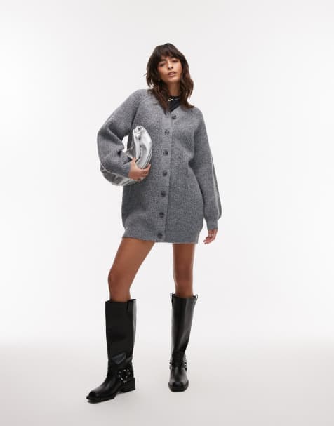 Topshop knit high v-neck fluffy cardigan dress in charcoal - view 1