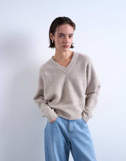 Topshop knit high v neck horizontal stitch sweater in oat, 2 of 4